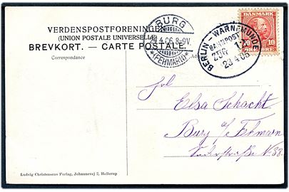 10 øre Chr. IX på brevkort (Færgen forlader Gedser) annulleret med tysk bureaustempel Berlin - Warnemünde Bahnpost Zug 12 d. 23.4.1906 til Burg på Fehmarn, Tyskland.