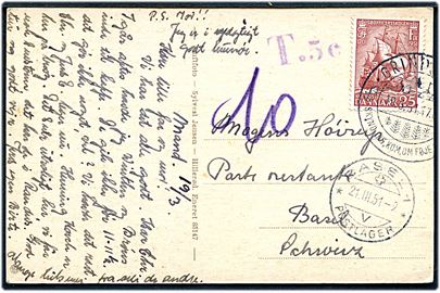 25 øre Søofficersskolen på underfrankeret brevkort (Luftfoto af Grindsted Kost- og Realskole) fra Grindsted d. 19.3.1951 til Basel, Schweiz. Violet portostempel T. 5c.