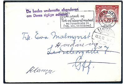 50 øre Musikkonservatorium på brev fra København d. 11.5.1967 til Gentofte - omadresseret til Klampenborg med stempel De bedes underrette afsenderen om Deres rigtige adresse.