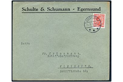 20 øre Chr. X single på fortrykt kuvert fra Schulte & Schumann sendt som GRÆNSEPORTO og annulleret med brotype IVb Egernsund sn1 d. 2.7.1926 til Flensburg, Tyskland.