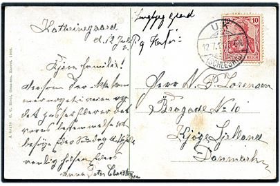 10 pfg. Germania på brevkort (Dansk tyske grænse) annulleret UK (Schleswig) d. 12.7.1911 til Køge, Danmark.