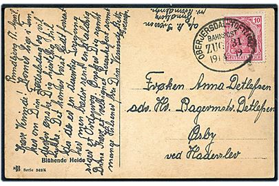 10 pfg. Germania på brevkort annulleret med bureau Oberjersdal - Toftlund Bahnpost Zug 31 d. 19.4.1919 til Osby pr. Haderslev.
