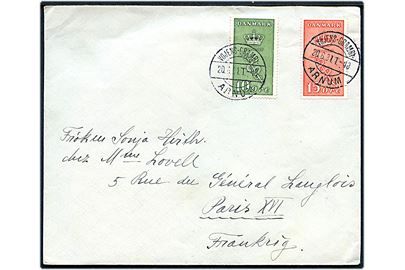 10+5 øre og 15+5 øre Kræftmærke på brev fra Gram annulleret med bureau Vojens - Gramby - Arnum T.48 d. 20.6.1931 til Paris, Frankrig.