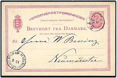 10 øre Våben helsagsbrevkort annulleret med lapidar Sæby d. 14.6.1887 til Neumünster, Tyskland.