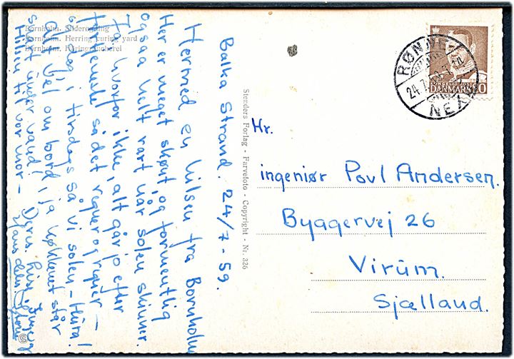 20 øre Fr. IX på brevkort fra Balka Strand annulleret med bureaustempel Rønne - Nexø T.14 d. 24.7.1959 til Virum.