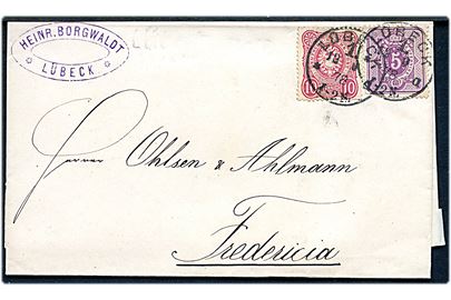 5 pfg. Ciffer og 10 pfg. Adler på 15 pfg. frankeret brev fra Lübeck d. 12.9.1878 til Fredericia, Danmark. Særtakst fra hertugdømmerne til Danmark.