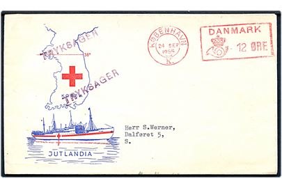 12 øre posthusfranko på illustreret kuvert med hospitalsskibet Jutlandia sendt som tryksag lokalt i København d. 24.9.1955.