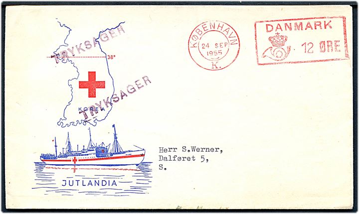 12 øre posthusfranko på illustreret kuvert med hospitalsskibet Jutlandia sendt som tryksag lokalt i København d. 24.9.1955.