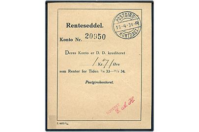 Renteseddel - formular S.6073 3/4 med brotype IIi Postgiro- Kontoret litra R d. 18.4.1934.