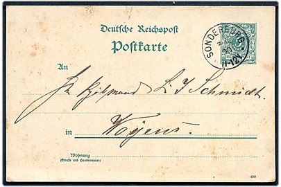 5 pfg. helsagsbrevkort annulleret med enringsstempel Sonderburg ** d. 3.10.1890 til Vojens.
