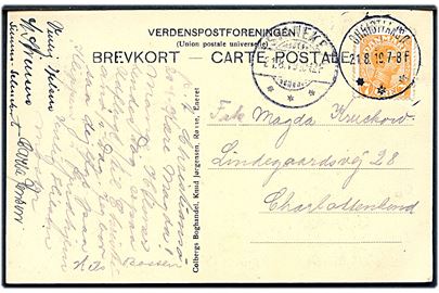 7 øre Chr. X på brevkort (parti fra Christiansø) annulleret med brotype IIIb Christiansø d. 21.8.1919 og sidestemplet Svaneke d. 21.8.1919 til Charlottenlund.