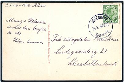 5 øre Chr. X på brevkort fra Rønne annulleret med sejlende bureaustempel brotype IIIf Kjøbenhavn - Rønne d. 24.6.1916 POST 2 d. 24.6.1916 til Charlottenlund.