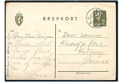 15 øre Løve helsagsbrevkort annulleret med brev kronet Posthorn brevhusstempel RENNA til Hellerup, Danmark.