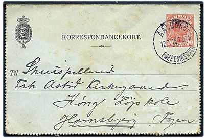 10 øre Chr. X helsagskorrespondancekort fra Frederikshavn annulleret med bureaustempel Aalborg - Frederikshavn T.970 d. 12.7.1916 til Køng Højskole pr. Glamsbjerg.