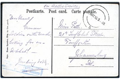 Ufrankeret feltpostkort (Deutsch-Süd-West-Afrika) fra sydafrikansk besat tysk Sydvestafrika med udslebet feltpoststempel fra No. 5 Advanced Base Post Office i Walvis Bay d. 31.5.1915 til Johannesburg. 2-sproget censurstempel.