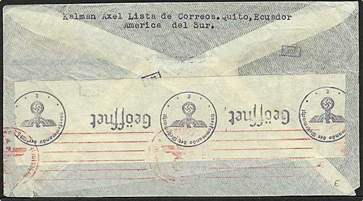 6,5 E. blandingsfrankeret luftpostbrev fra Quito d. 23.8.1941 til Berlin, Tyskland. Åbnet af tysk censur.
