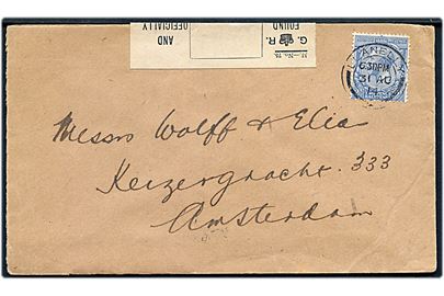 2½d George V på brev fra Llanelly d. 31.8.1914 til Amsterdam, Holland. Åbnet af tidlig britisk censur med provisorisk censurbanderole: Found open (or torn) and officially secured. Ank.stemplet i Amsterdam d. 5.9.1914.