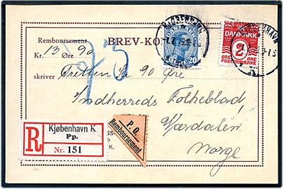 2 øre Bølgelinie og 20 øre Chr. X på anbefalet brevkort med postopkrævning fra Kjøbenhavn d. 1.7.1919 til Værdalen, Norge.