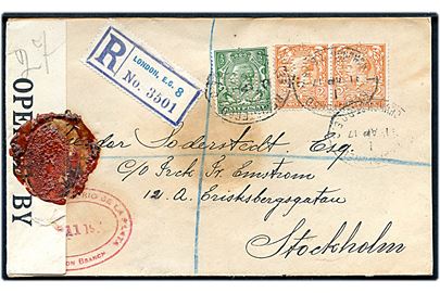 ½d og 2d (par) George V med perfin (B.E.R.F.) på anbefalet brev fra London d. 11.4.1917 til Stockholm, Sverige. Åbnet af britisk censur no. 925 med laksegl Postal Censor.
