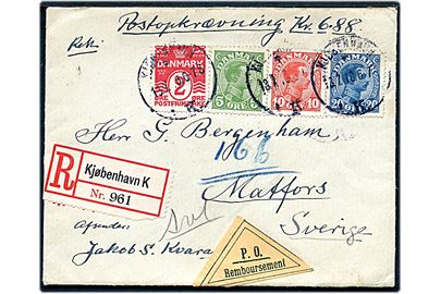 2 øre Bølgelinie, 5 øre, 10 øre og 20 øre Chr. X på 37 øre frankeret anbefalet brev med postopkrævning fra Kjøbenhavn d. 13.7.1918 til Matfors, Sverige.