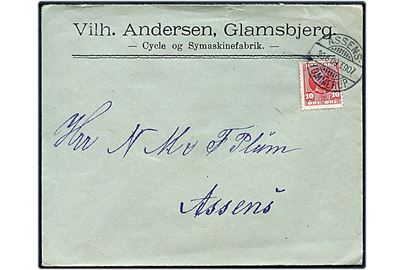 10 øre Fr. VIII på fortrykt kuvert fra Glamsbjerg annulleret med bureaustempel Assens - Tommerup T.907 d. 30,6,1909 til Assens.