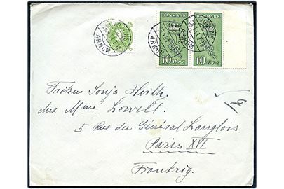 5 øre Chr. X 60 år og 10+5 øre Kræftmærke i parstykke på brev fra Gram annulleret med bureaustempel Vojens - Arnum T.48 d. 28.4.1931 til Paris, Frankrig.