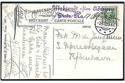 5 øre Fr. VIII på brevkort (Marienborg Hovedbygning, Møen) annulleret med svagt stempel i Stege (?) d. 3.6.1909 til København. Stemplet Ubekjendt efter Adressen / Distr. No..
