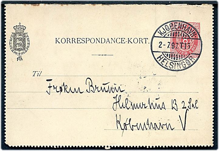 8 øre helsags korrespondancekort fra Frederiksborg annulleret med bureau Kjøbenhavn - Helsingør T.16 d. 2.7.1897 til Kjøbenhavn.