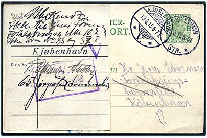 5 øre SB Soldaterbrevkort sendt lokalt i Kjøbenhavn d. 18.6.1915. Ubekendt med forespørgselsetiket og violet rammestempel V. d. 19.6.1915 fra København V. postkontor.