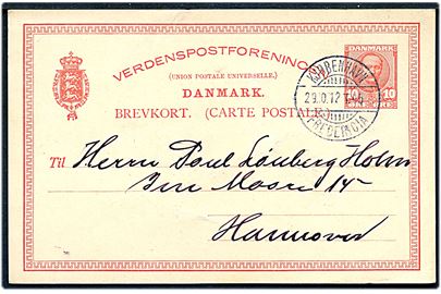 10 øre Fr. VIII helsagsbrevkort fra Kjøbenhavn annulleret med bureaustempel Kjøbenhavn - Fredericia T.45 d. 29.10.1912 til Hannover, Tyskland.