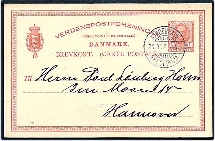 10 øre Fr. VIII helsagsbrevkort fra Kjøbenhavn annulleret med bureaustempel Kjøbenhavn - Fredericia T.45 d. 29.10.1912 til Hannover, Tyskland.