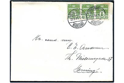 5 øre Bølgelinie (3) på brev fra Morud annulleret med bureaustempel Odense - Brænderup - Middelfart T.2 d. 29.6.1934 til Herning.