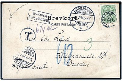 5 øre Våben på underfrankeret brevkort annulleret med stjernestempel LINDELSE (type I) og sidestemplet Rudkjøbing d. 21.7.1904 til Dresden, Tyskland. Sort T-stempel og Utilstrækkelig frankeret, samt udtakseret i 10 pfg. tysk porto.