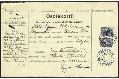 20 pen. Våben i parstykke på indenrigs adressekort for pakke annulleret med 2-sproget stempel Hangö Vexel d. 17.4.1911 til Tampere.