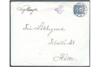 4 øre Bølgelinie på lokal tryksag i Holte d. 28.1.1936. Violet tryksagskontrol stempel Kronet Posthorn.