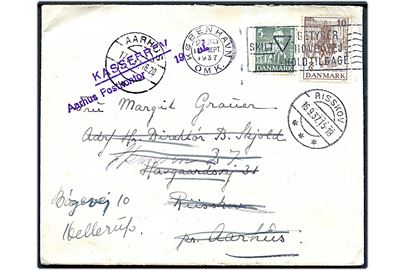 5 øre Nikolai kirke og 10 øre Regentjubilæum på brev fra København d. 16.9.1937 til Risskov pr. Aarhus - eftersendt til Hellerup med violet stempel: Kassebrev / Aarhus Postkontor.