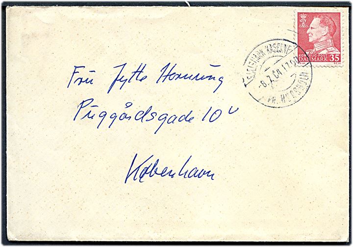 35 øre Fr. IX på brev fra soldat annulleret med pr.stempel Sjælsmark Kaserne pr. Hørsholm d. 8.7.1964 til København.
