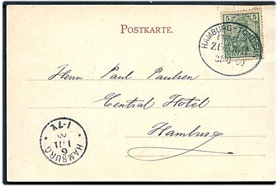 5 pfg. Germania på brevkort (Gruss aus Tondern med seminarium og Balthasar Petersens mindesmærke) annulleret med bureaustempel Hamburg - Tondern Bahnpost Zug 1011 d. 31.10.1900 til Hamburg.