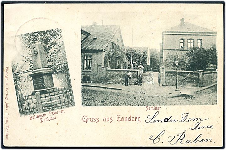 5 pfg. Germania på brevkort (Gruss aus Tondern med seminarium og Balthasar Petersens mindesmærke) annulleret med bureaustempel Hamburg - Tondern Bahnpost Zug 1011 d. 31.10.1900 til Hamburg.