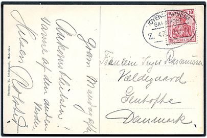 10 pfg. Germania på brevkort (Gram Slot) annulleret med bureaustempel Woyens - Arnum Bahnpost Z. 47 d. 29.5.1911 til Gentofte, Danmark.