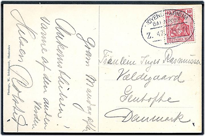 10 pfg. Germania på brevkort (Gram Slot) annulleret med bureaustempel Woyens - Arnum Bahnpost Z. 47 d. 29.5.1911 til Gentofte, Danmark.