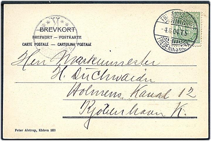 5 øre Våben på brevkort (Hvide Klint, Frederiksværk) annulleret med bureaustempel Frederiksborg - Frederiksværk T.5 d. 4.8.1904 til København.