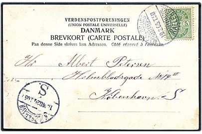 5 øre Våben på brevkort (Præstø Å) annulleret med bureaustempel Masnedsund - Kallehave T.5 d. 19.3.1905 til København.