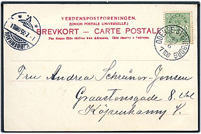 5 øre Våben på brevkort (Hilsen fra Svendborg) annulleret med lapidar bureaustempel Odense - Svendborg d. 30.6.1905 til København.