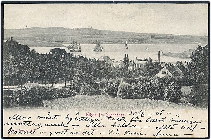 5 øre Våben på brevkort (Hilsen fra Svendborg) annulleret med lapidar bureaustempel Odense - Svendborg d. 30.6.1905 til København.