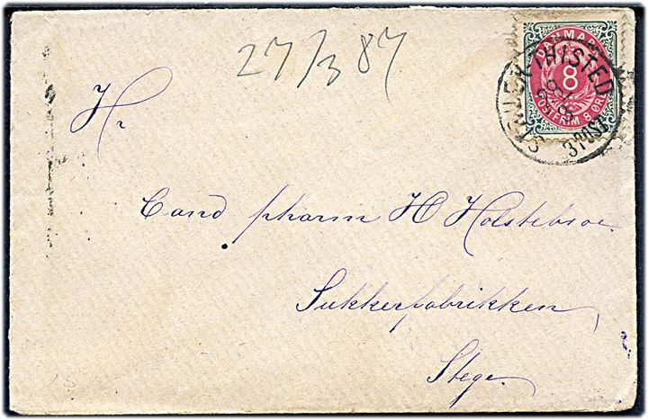 8 øre Tofarvet på brev annulleret med lapidar bureaustempel Struer - Thisted d. 28.3.1887 til Sukkerfabrikken i Stege.