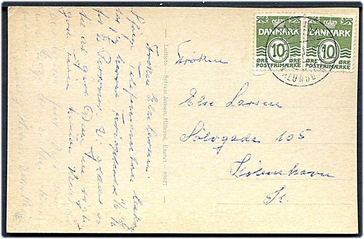 10 øre Bølgelinie (2) på brevkort (Luftfoto af Strandgaarden, Dalby pr. Gørlev) annulleret med bureaustempel Slagelse - Kalundborg T.826 d. 1.6.195? til København.