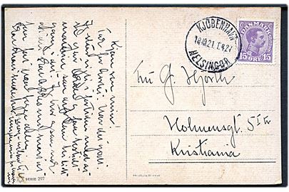 15 øre Chr. X på brevkort annulleret med bureaustempel Kjøbenhavn - Helsingør T.427 d. 18.10.1921 til Kristiania, Norge.
