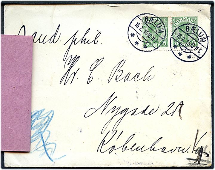 5 øre Chr. X i parstykke på brev fra Bælum d. 16.2.1915 til København. Forespurgt med etiket fra København Valby d. 19.2.1915.