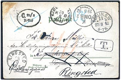 Ufrankeret billedpostkort (Gruss aus Berlin) fra Berlin d. 27.8.1892 til Kjøbenhavn, Danmark - eftersendt til Ringsted. Udtakseret i porto med T-stempel og 40 øre dansk porto.